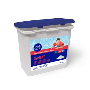 Trattamento acqua piscina Chlorlent di Gre in contenitore con coperchio blu.