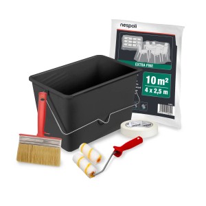 t.b.t. Set pittura con vaschetta, pennello, rullo, nastro adesivo e telo.