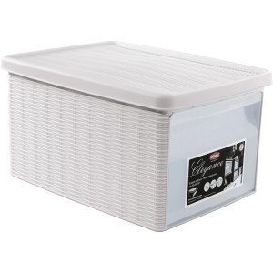 Contenitore bianco con coperchio effetto rattan.