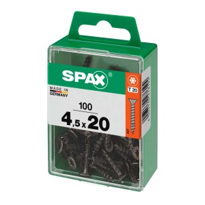 Viti SPAX 4,5x20 mm, 100 pezzi in contenitore di plastica verde. Elementi di fissaggio universali.