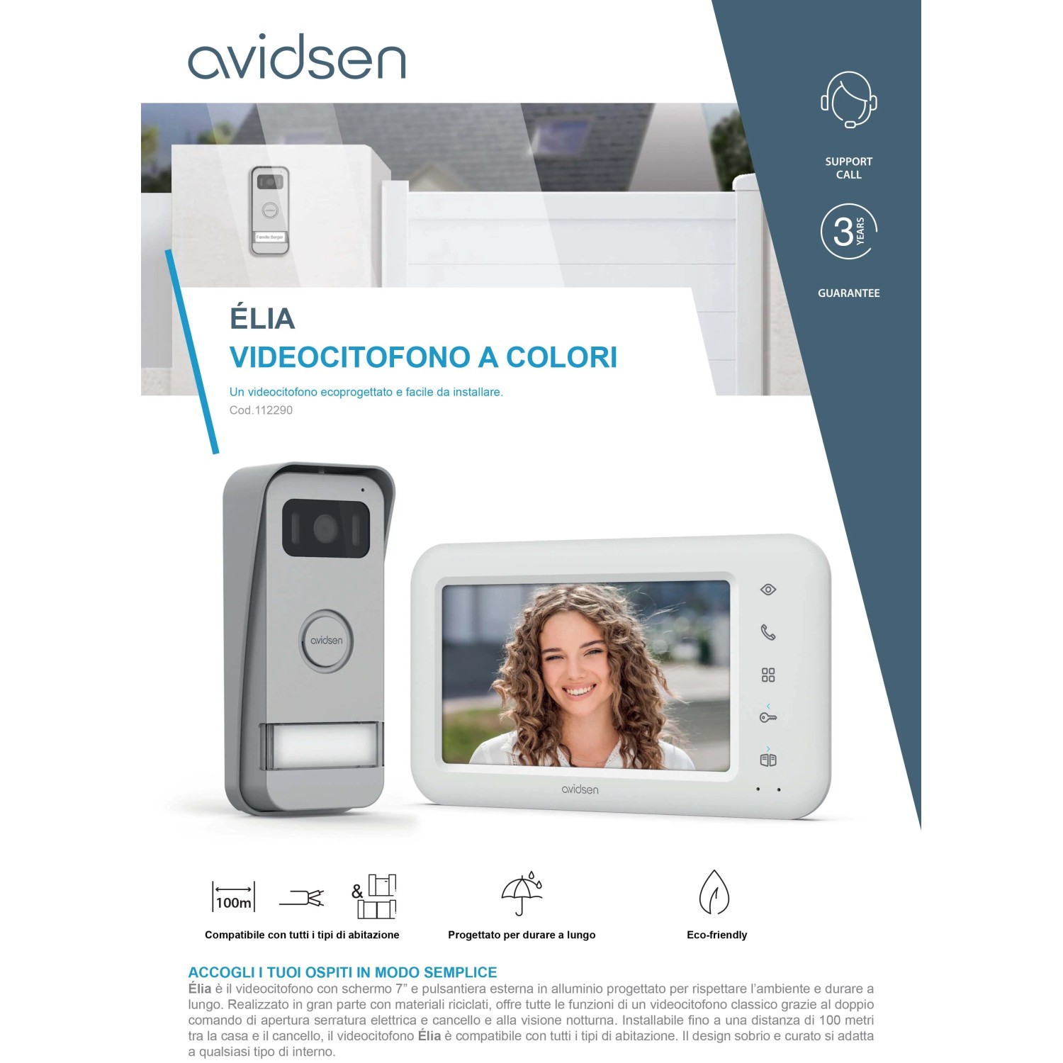 Videocitofono a colori Avidsen Élia con unità esterna e interna per l'ingresso di casa.