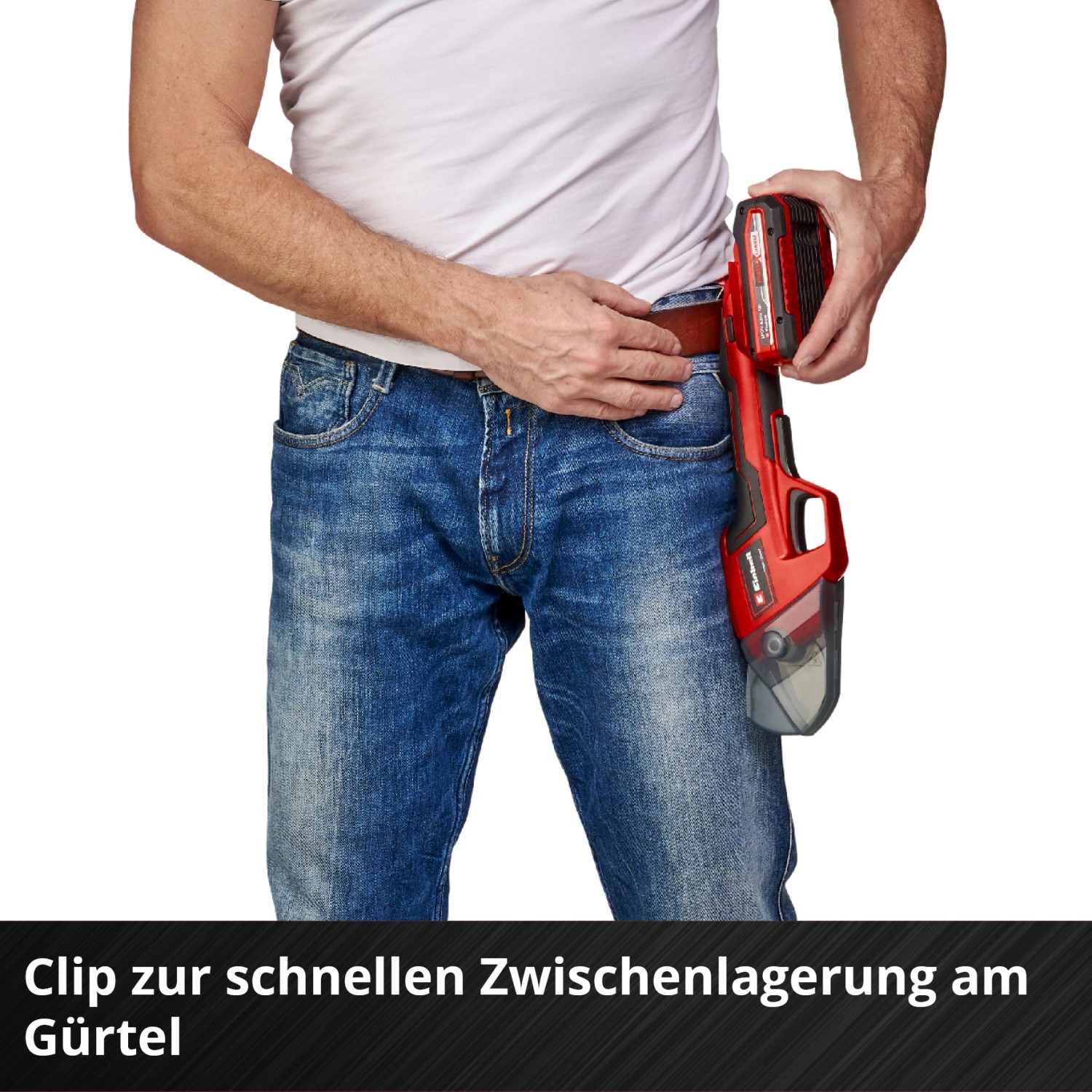 Tagliasiepi a batteria Einhell Power X-Change GE-LS 18 Li-Solo con clip da cintura.