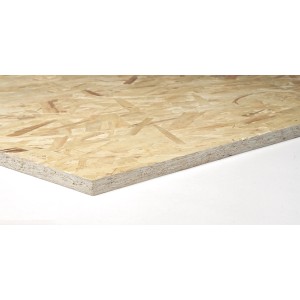 Primo piano di un pannello OSB grezzo, ideale per tagli su misura nello shop online OBI.