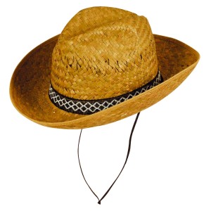 Cappello di paglia per giardinaggio con sottogola e fascia decorativa.