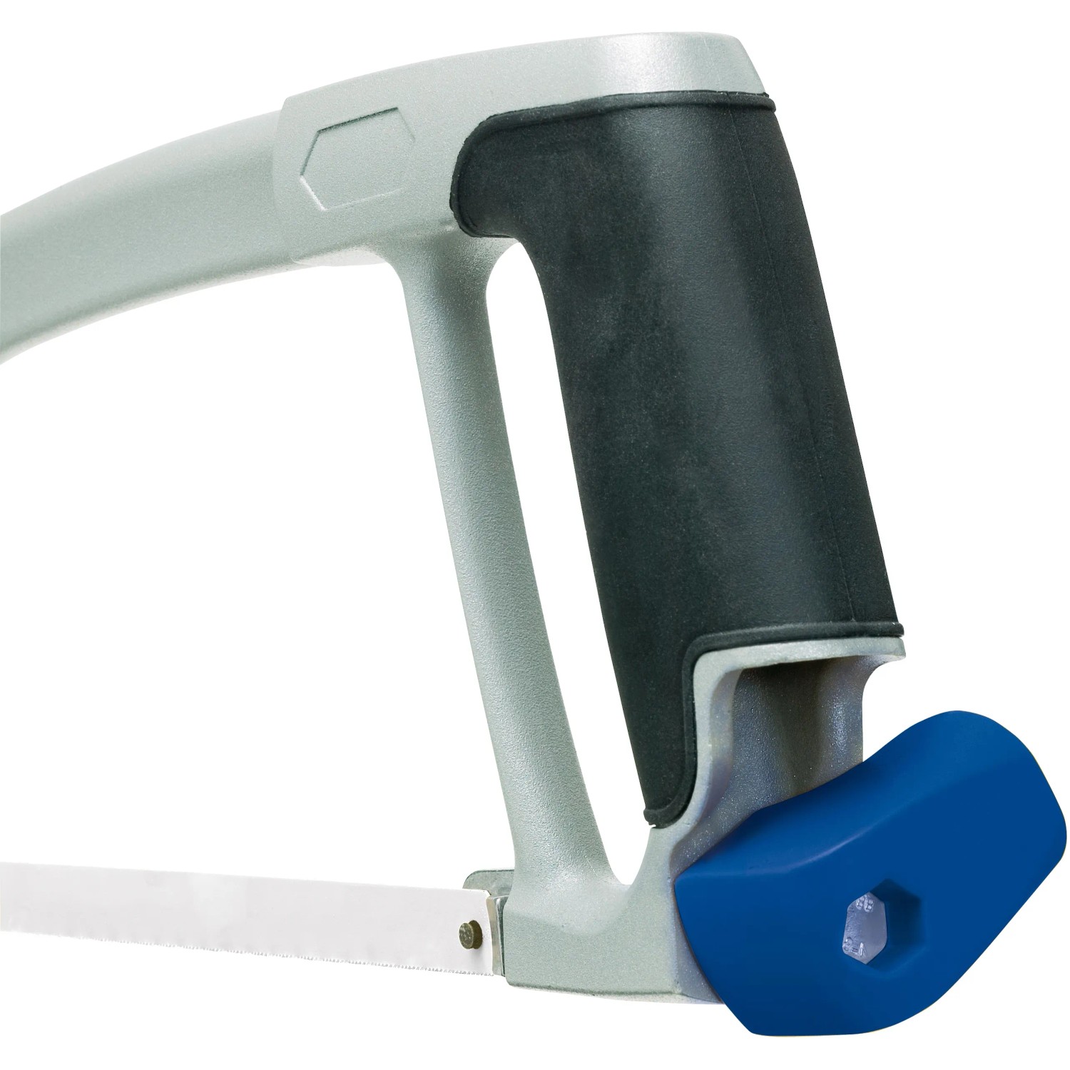 Dettaglio della sega per metalli LUX Professional 300 mm: manico con portalama blu.