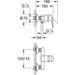Disegno tecnico: Miscelatore per vasca Grohe QuickFix Start Edge, cromo, con dimensioni.