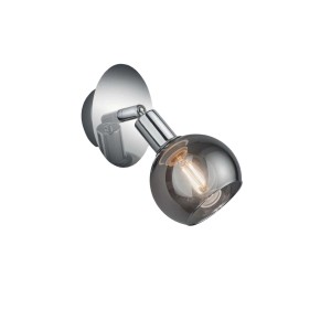 Faretto t.b.t. moderno con paralume in vetro grigio e dettagli cromati.