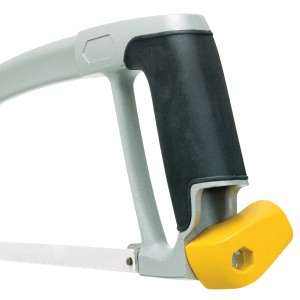 Dettaglio: Seghetto per metalli LUX Professional 300 mm con telaio grigio, manico nero e leva di tensione gialla.