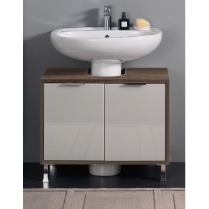 Lavabo con mobiletto in legno e frontali bianchi per bagno.