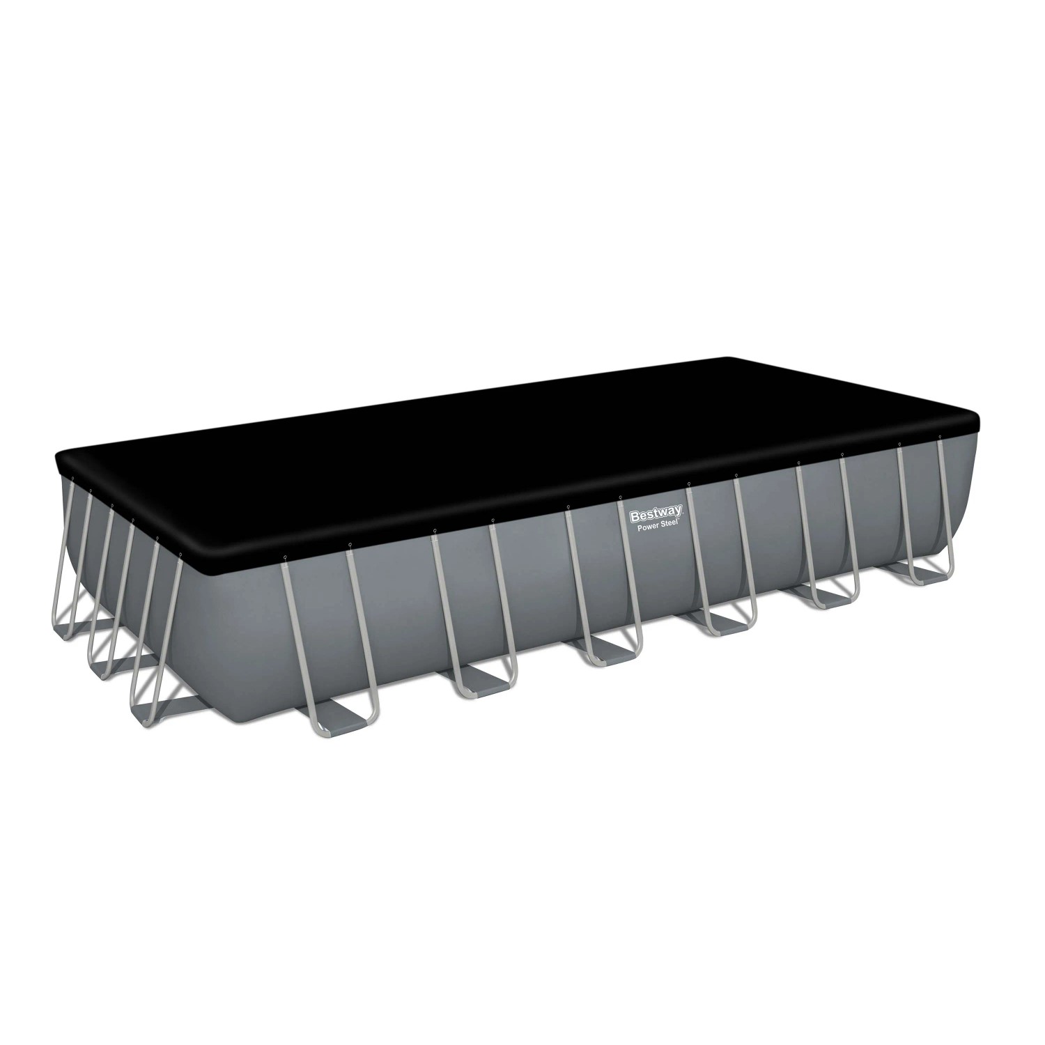 Piscina rettangolare fuori terra con copertura nera. Ideale per il giardino.