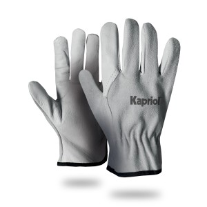 Guanti da lavoro Kapriol grigi in pelle, con i palmi rivolti verso l'alto.