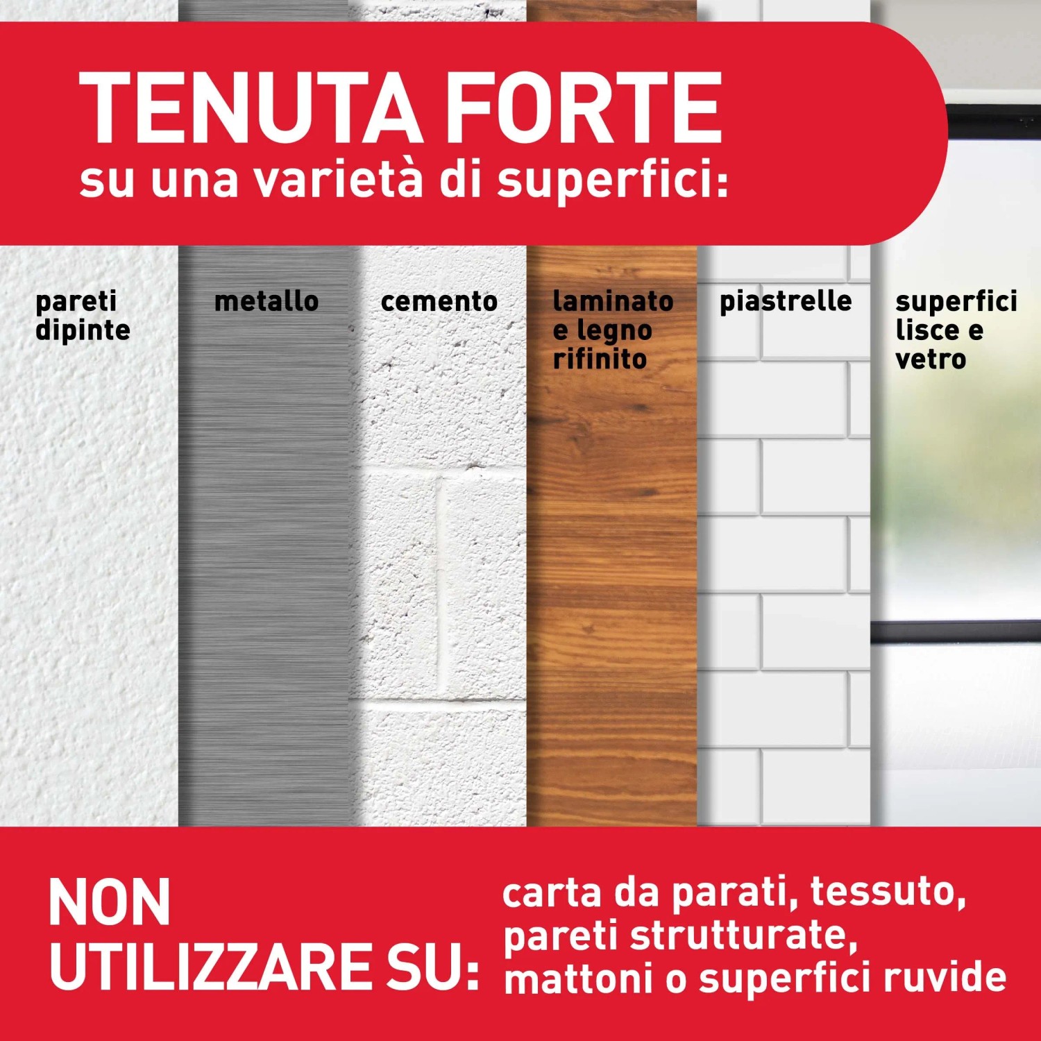 Compatibilità delle superfici dei ganci adesivi t.b.t. per quadri: Adatte e non adatte.