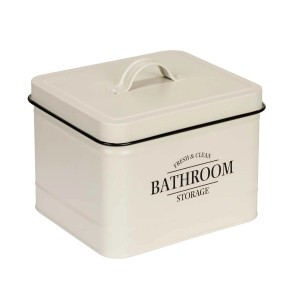 Scatola portaoggetti color crema con coperchio per accessori bagno.