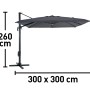 Ombrellone a braccio Moga grigio, Ø 300 cm, con manovella e dimensioni. Ideale per la protezione solare in giardino.