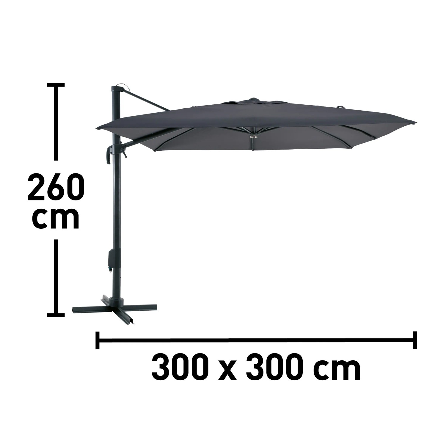 Ombrellone a braccio Moga grigio, Ø 300 cm, con manovella e dimensioni. Ideale per la protezione solare in giardino.