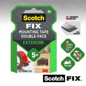 Nastro biadesivo per montaggio esterno Scotch-Fix, 19mm x 1,5m, resistente agli agenti atmosferici e ai raggi UV.