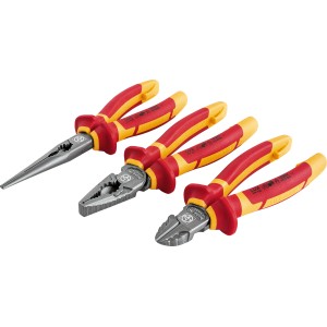 Set di pinze LUX, 3 pezzi: tronchesi laterali, pinze combinate, pinze a becchi lunghi con manici rosso-gialli.