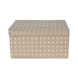 Scatola portaoggetti beige a pois bianchi, organizer per armadio.