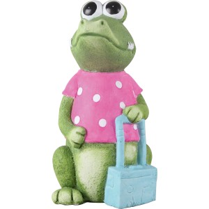 Statuetta decorativa a forma di coccodrillo bambina (39cm) con valigia per giardino e terrazzo.