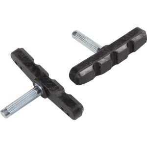 Due pattini freno neri per bicicletta con perni argentati per riparazione e ricambi.