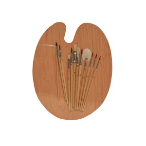Tavolozza in legno con pennelli, accessori per artisti.
