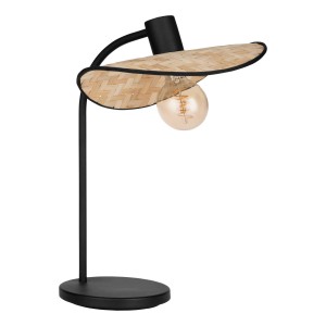 Lampada da tavolo di design t.b.t. con paralume a forma di cappello in bambù e base nera.