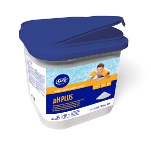 Gre pH Plus per aumentare il pH della piscina, in secchio con coperchio blu.