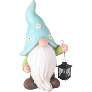 Gnomo da giardino blu con lanterna, 48 cm, in polystone, resistente alle intemperie.