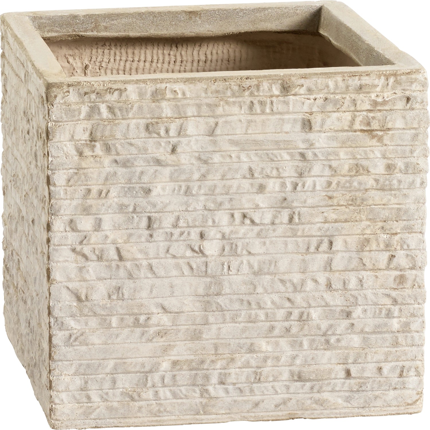 Vaso per piante beige Bernay, 36x39,5x39,5 cm, in argilla fibrosa con struttura a coste effetto pietra.