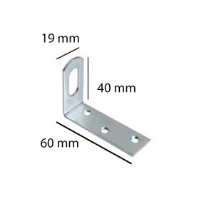 Staffa angolare in metallo con fori per collegamento legno, 60x40x19mm.