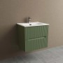 Mobile bagno verde con lavabo e due cassetti.