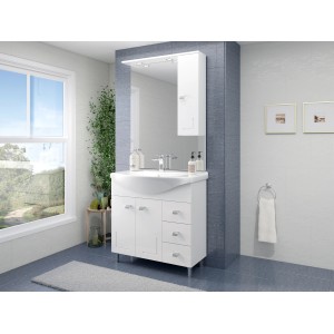 Set di mobili da bagno bianchi con lavabo, specchiera e mobile base per bagni moderni.