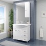 Set di mobili da bagno bianchi con lavabo, specchiera e mobile base per bagni moderni.