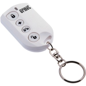 Telecomando bianco Urmet per sistema di allarme con quattro pulsanti e portachiavi.