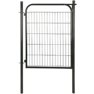 Cancello da giardino in metallo verde con riempimento in rete metallica.