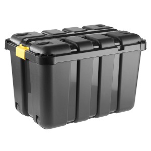 Contenitore nero BoxOne 140L con coperchio e ruote.
