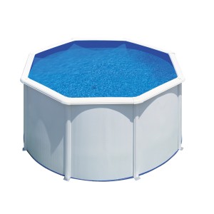 Piscina Gre Fidji con pareti in acciaio bianco, Ø 240 cm x 120 cm, con acqua blu. Set piscina completo.