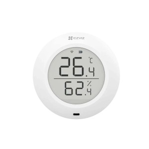 Sensore di temperatura e umidità EZVIZ, design rotondo bianco con display digitale.