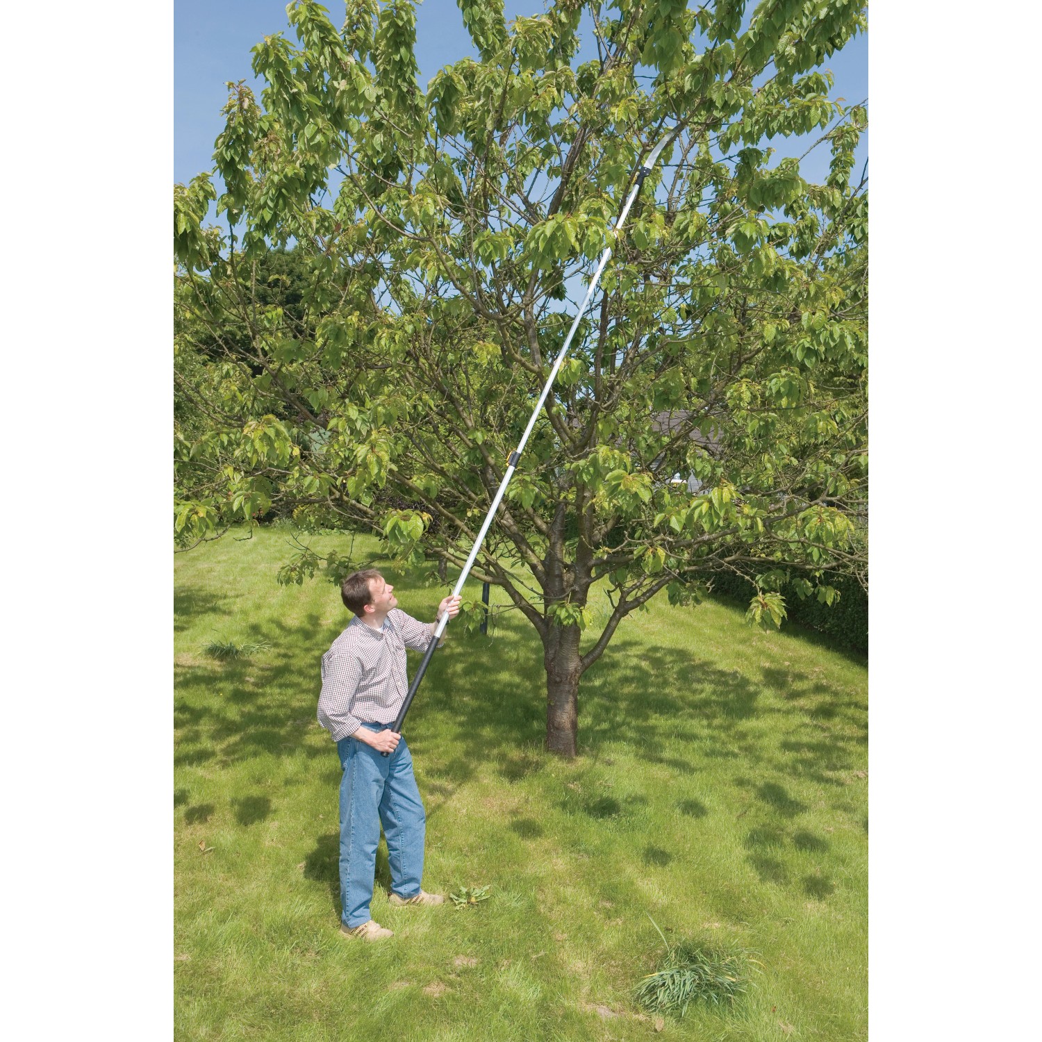 Uomo taglia albero con potatore LUX e lama per sega. Sega da giardino per potatura.