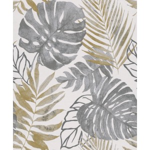 Carta da parati decorativa con foglie tropicali grigio-oro.