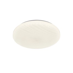 Plafoniera LED t.b.t. bianca e rotonda con fine struttura a linee.