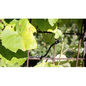 Sistema di microirrigazione t.b.t. su traliccio con foglie verdi.