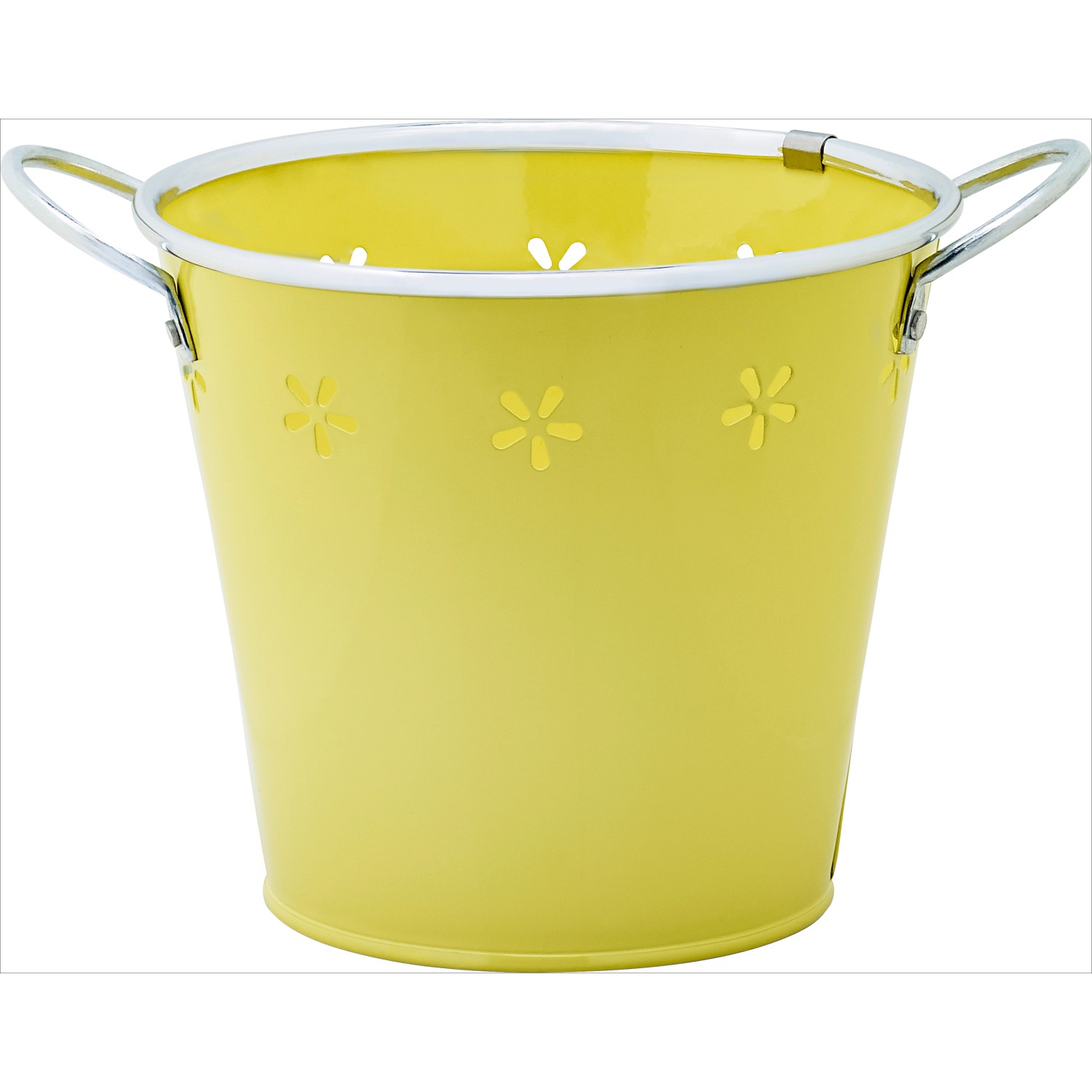 Cachepot giallo in acciaio con motivo traforato e manici, 14x13 cm.