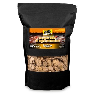 Trucioli di legno di faggio Grillmania BBQ in sacchetto nero per grigliate aromatiche.