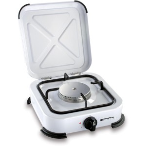 Fornello da campeggio bianco t.b.t. con coperchio, ideale per il campeggio.