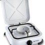 Fornello da campeggio bianco t.b.t. con coperchio, ideale per il campeggio.