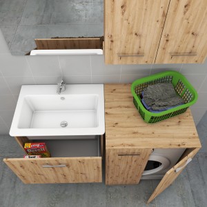 Set mobili bagno t.b.t. con lavabo, lavatrice e spazio di archiviazione effetto legno.