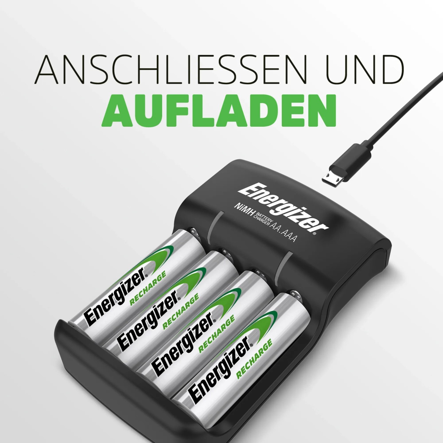 Caricabatterie Energizer con USB e 4 batterie AA nel caricabatterie.