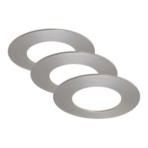 Set di tre faretti LED t.b.t. da incasso rotondi color argento.