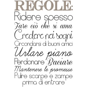 Adesivo murale con regole di vita in italiano: Ridere, amare, sognare, amici, urlare piano, perdonare, baciare, mantenere le promesse, pulire le scarpe.